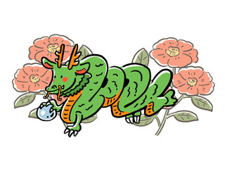椿背景の龍のイラスト　辰年　2024年　正月
