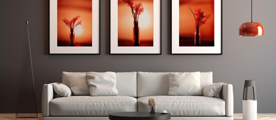 Modern living room interior design with mock up poster frame, vase, plant and wooden shelf.