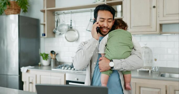 Phone call, remote work and man with baby on laptop working from home for freelance, business and planning. Family, childcare and father with child on smartphone in discussion, planning and project