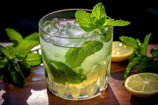 A refreshing summer drink made with mint and ice. Generative AI