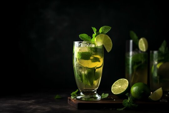 a refreshing drink with lime, mint, and rum on a dark background. Generative AI