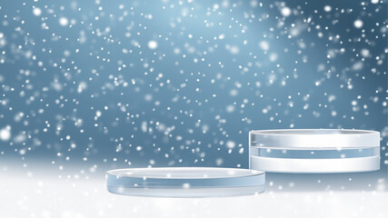 2 layers winter ice glasses podium with snow drop on background with blue background with copy writer space