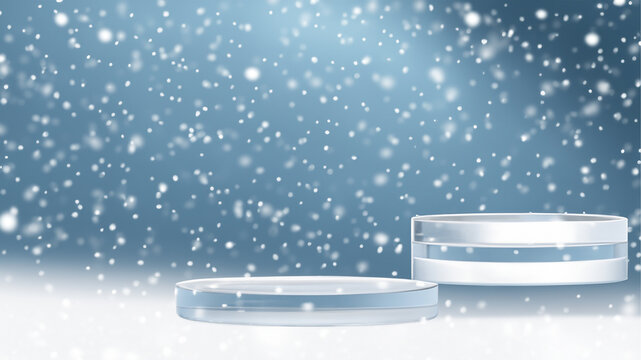 2 layers winter ice glasses podium with snow drop on background with blue background with copy writer space