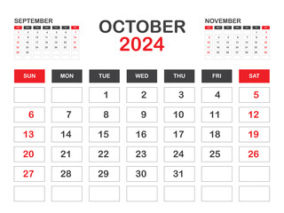 Calendar 2024 template minimal style, October 2024 template, Desk calendar 2023 year, Wall calendar, Week starts on sunday, Planner, Printing media, poster, advertisement, Red background vector