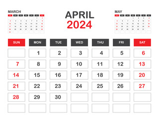 Calendar 2024 template minimal style, April 2024 template, Desk calendar 2023 year, Wall calendar, Week starts on sunday, Planner, Printing media, poster, advertisement, Red background vector