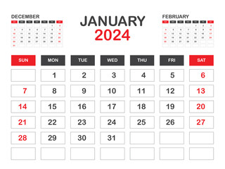 Calendar 2024 template minimal style, January 2024 template, Desk calendar 2023 year, Wall calendar, Week starts on sunday, Planner, Printing media, poster, advertisement, Red background vector