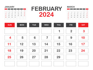 Calendar 2024 template minimal style, February 2024 template, Desk calendar 2023 year, Wall calendar, Week starts on sunday, Planner, Printing media, poster, advertisement, Red background vector