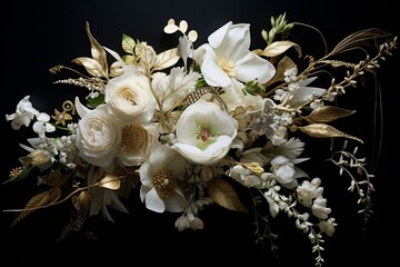 A white floral bouquet embellished with ornamental details and a combination of various elements. Generative AI