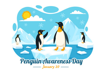 Obraz premium Penguin Awareness Day Vector Illustration on 20 January with Penguins and Iceberg to Conserve Animals in Flat Cartoon Background Design