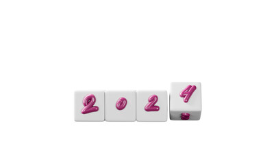 Cube turns from 2023 to 2024 on pink background.3d illustration.