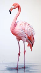 Fotobehang Adorable pastel illustration: Pink Flamingo portrait for kids room, clean design on white backdrop. © AI Visual Vault