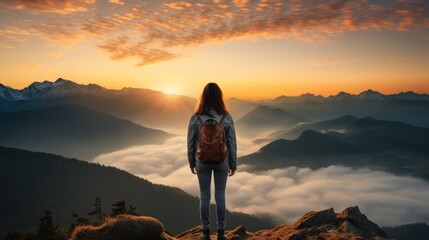 Woman standing on top of mountain at sunrise, back view.