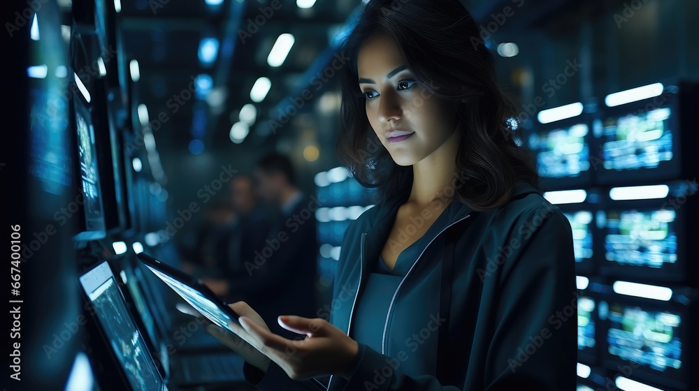 Poster it young woman working in a server room with a tablet pc, controls the operation of all servers.