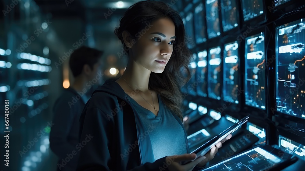Poster it young woman working in a server room with a tablet pc, controls the operation of all servers.