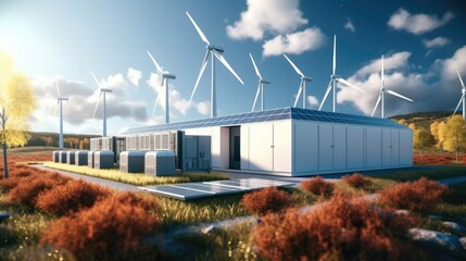 Wind Turbines and Li-ion Battery Container, A modern battery energy storage system with wind turbines and solar. - obrazy, fototapety, plakaty
