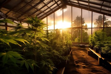 View inside hydroponic cannabis greenhouse. Generative AI - obrazy, fototapety, plakaty