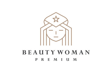 Beauty woman fashion logo. Gold vector template linear style on White background