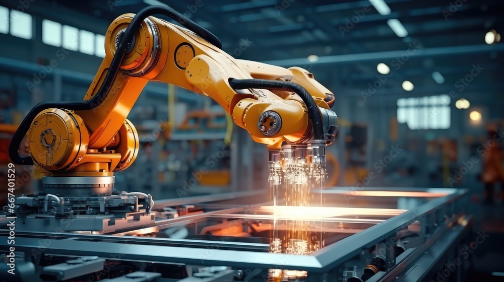 Aufkleber Welding robots, Industrial robot works automatically in smart autonomous factory.