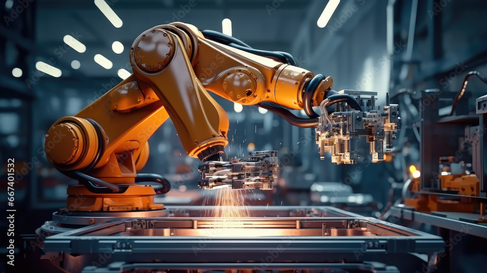 Aufkleber Welding robots, Industrial robot works automatically in smart autonomous factory.