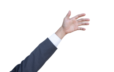 Hand of businessman in suit gestures isolated on transparent background. PNG File
