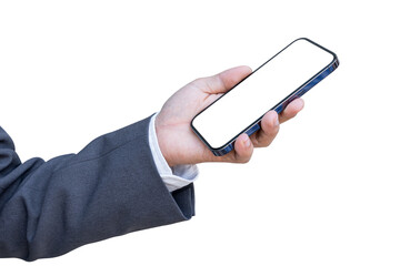 Businessman hand holding smartphone with blank transparent screen and background- PNG format.