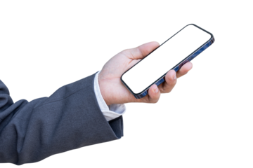 Businessman hand holding smartphone with blank transparent screen and background- PNG format.