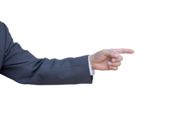 Hand of man in suit pointing with finger isolated on transparent background. PNG File