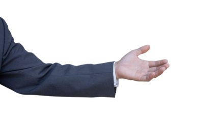 Hand of businessman in suit gestures isolated on transparent background. PNG File