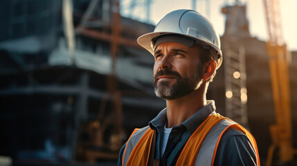 Engineer in a construction uniform overseeing construction site in the city.