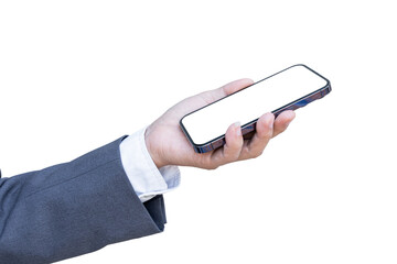 Businessman hand holding smartphone with blank transparent screen and background- PNG format.