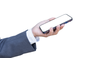 Businessman hand holding smartphone with blank transparent screen and background- PNG format.
