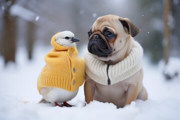 Puppy and bird friends in cold weather sitting on snow in snowy forest. A little dog and a birdie dressed in warm clothes play in the winter season.
