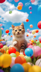 Fototapeta na wymiar Playful Whimsy: A Kitten Amidst a Field of Colorful Balloons,cat with balloons,cat playing with balloons