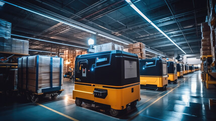 Intelligent warehouse industrial, Modern high tech innovative warehouse logistics displayed, Robotics and artificial intelligence.