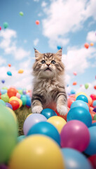 Fototapeta na wymiar Playful Whimsy: A Kitten Amidst a Field of Colorful Balloons,cat with balloons,cat playing with balloons