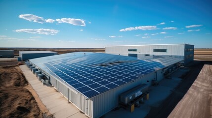 Multiple solar panels on the roof of a Large manufacturing building, Clean renewable energy concept.