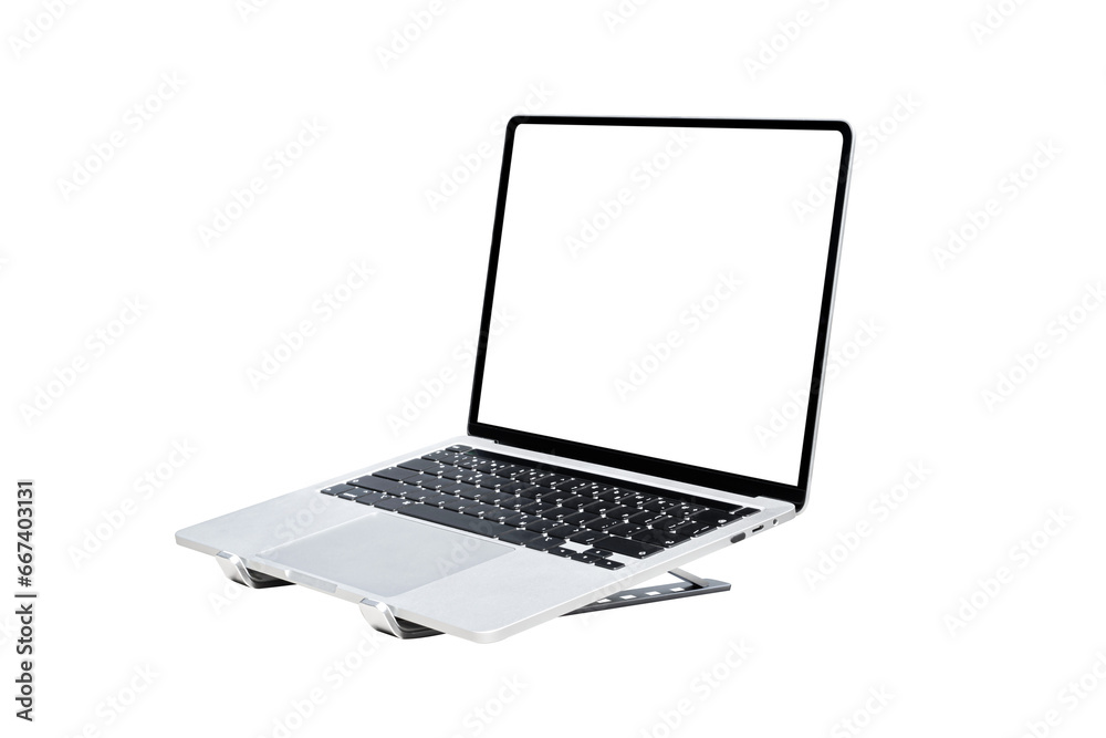 Wall mural laptop computer with blank transparent screen and background- png format..