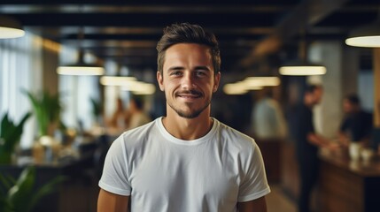 Fototapeta premium Creative man wearing a white shirt and smiling is working in office.