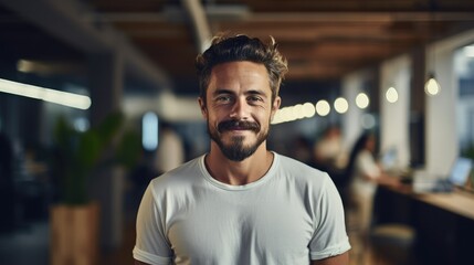 Obraz premium Creative man wearing a white shirt and smiling is working in office.