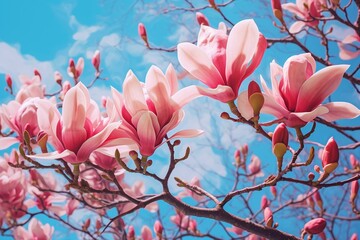 Vibrant pink magnolia flowers on a soothing blue background. Artwork. Generative AI