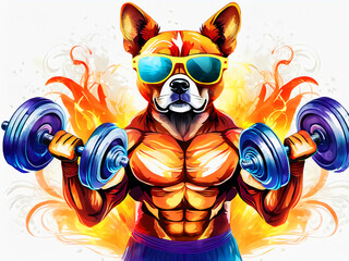 重りを持ち上げて筋力トレーニングをする色眼鏡をかけた筋肉質な犬と火炎の背景 - obrazy, fototapety, plakaty