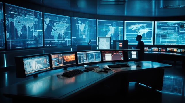 Empty desks and computers in a control room, Powering the Future, Smart Grid Control Center.