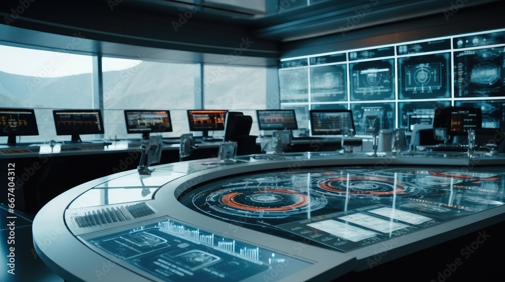 Aufkleber Empty desks and computers in a control room, Powering the Future, Smart Grid Control Center.