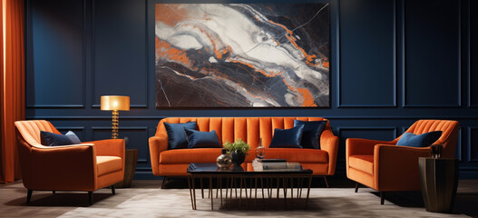 Contemporary lounge area with orange sofa and orange seat Modern Living Space: Stylish Orange Seating Sleek Living Area Contemporary Orange Seating.AI Generative