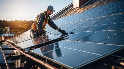 Technicians install solar panels on a residential building.