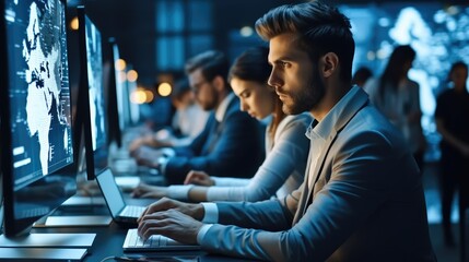 Team of IT professionals working on computers in a server room, Collection and storage of large amounts of data. Checks the operation of servers and automation.