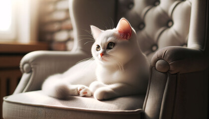 A dainty white cat, with sleek fur, lounging lazily on an upholstered chair, - obrazy, fototapety, plakaty