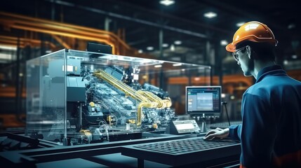 Engineer monitors and controls robot arm automation in smart factories, Checking the network status system software, Welding robots. - obrazy, fototapety, plakaty