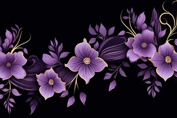Seamless floral border with abstract purple flowers, leaves on black background - nature element for design. Generative AI