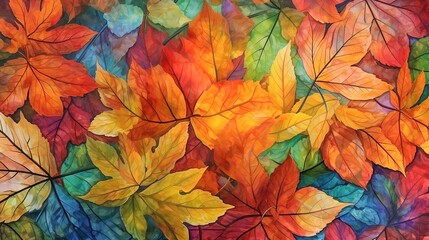Overhead closeup watercolor illustration of densely packed maple leaves in shades of red, green and blue